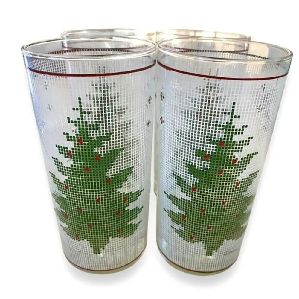 Vintage 4 pc CULVER Needlepoint Holiday Christmas Tree Glasses Highball Tumbler